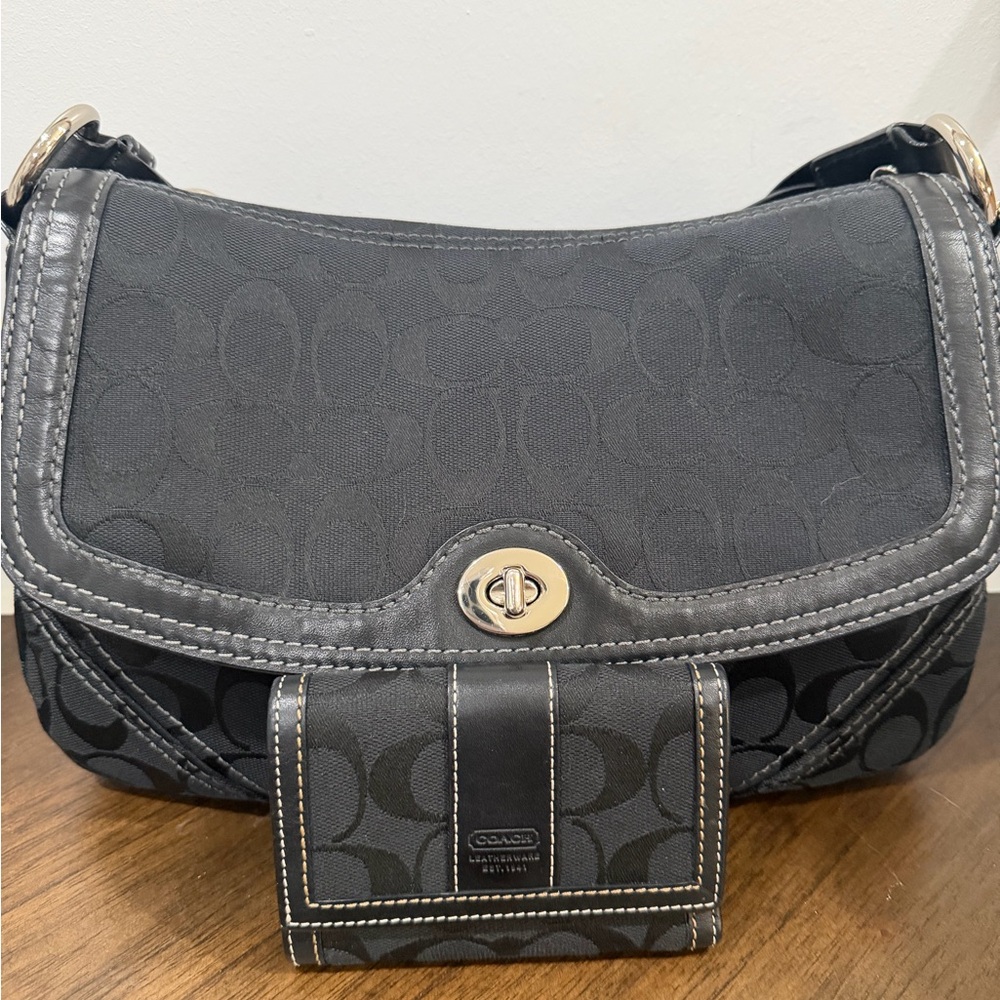 Coach Black Signature 11014 Jacquard Shoulder Bag with Matching Wallet-